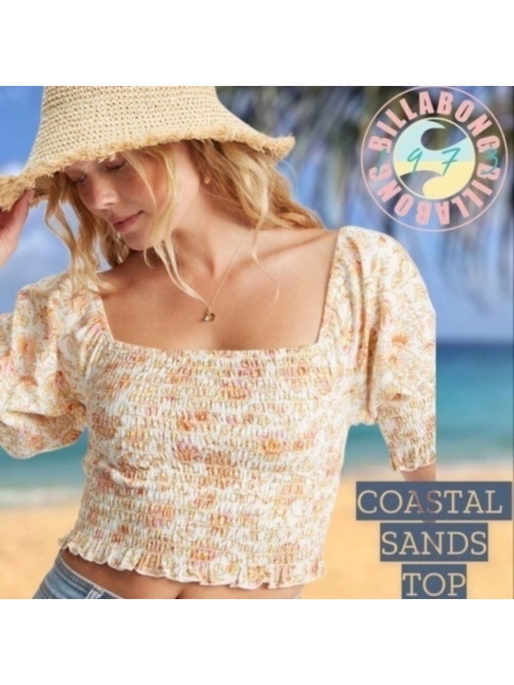 BILLABONG Coastal Sands Smocked Cropped Puff Sleeve Floral Print Cotton Top